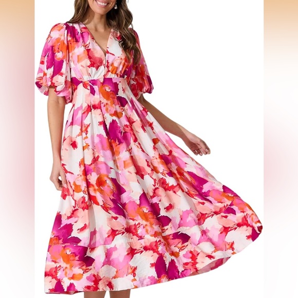 NWT Pink and White Floral Puff Sleeve V Neck High Waist Maxi Dress Size Small - Picture 13 of 15